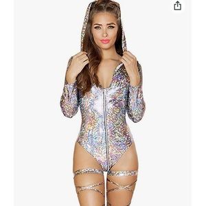 Women Rave Holographic Bodysuit, Hologram Metallic Silver EDC EDM Festival